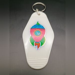 Vintage Style Colorful Rocket White Motel Keychain